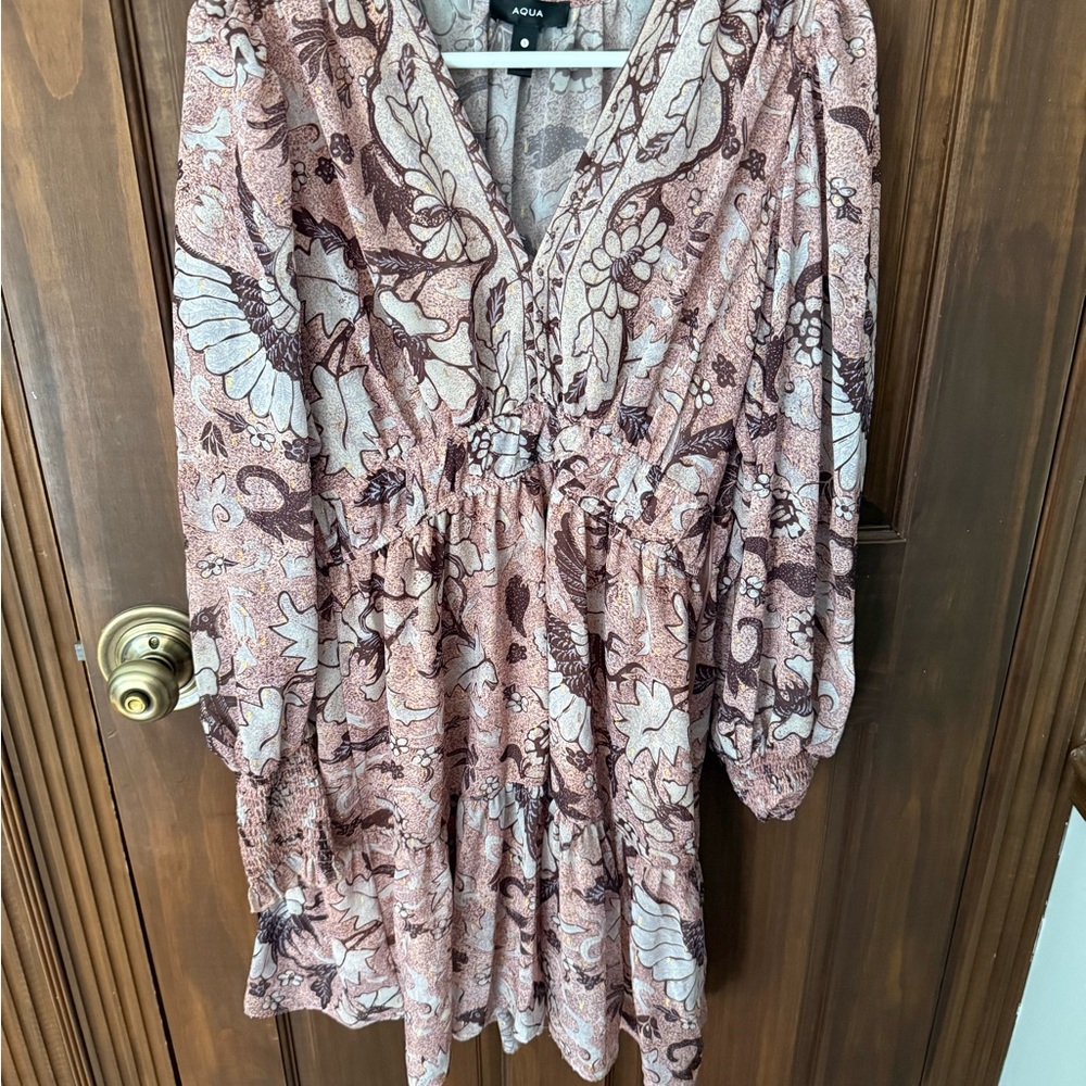 Aqua Blush Pink & Chocolate Floral Tiered V-Neck Dress